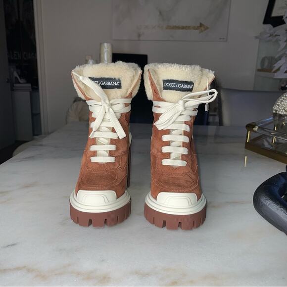 New Dolce & Gabbana Trekking Shearling Biker Ankle Boots in Burnt Brown/Neutral - Picture 7 of 12